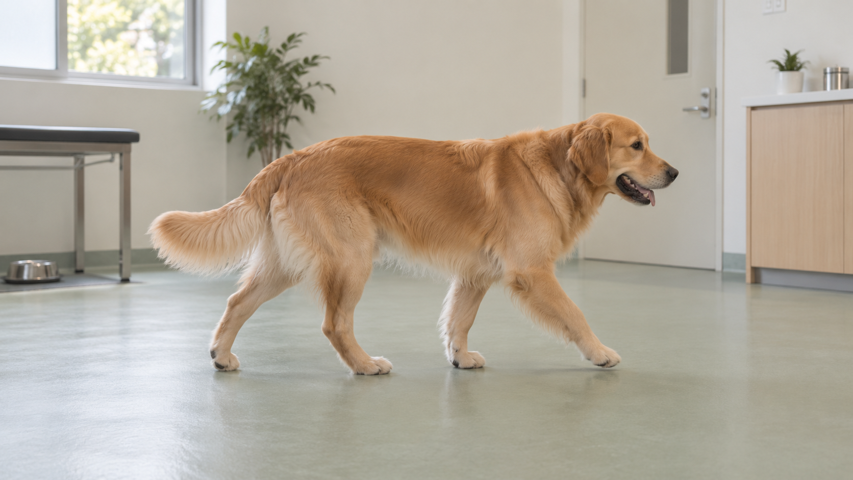 AI-generated still of a golden retriever walking, illustrating behavior data requirements; not a recorded video