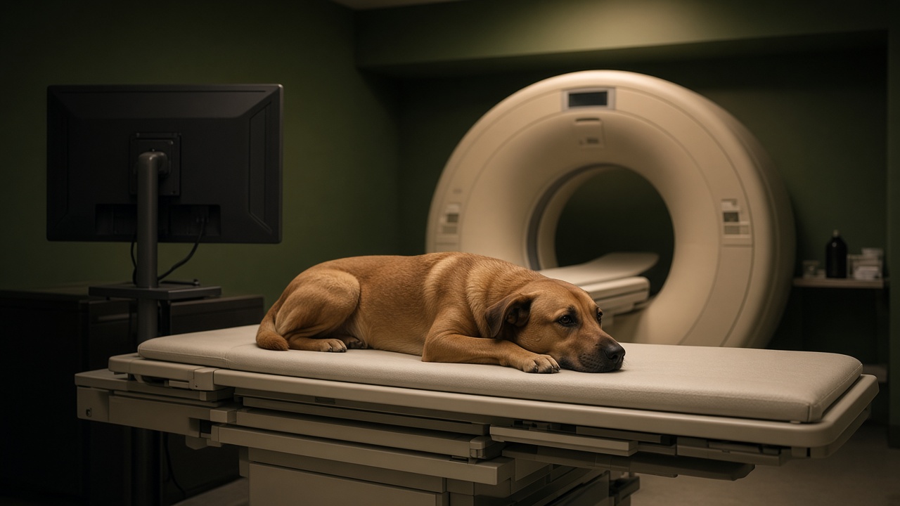 兽医 CT 室示意：犬卧于检查床，显示器背对镜头，不是真实病例，也不是产品截图